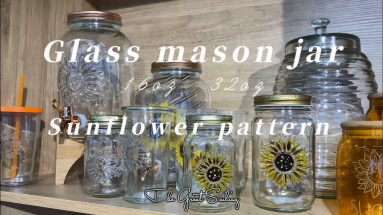 write an artical about "16oz, 32oz glass mason jar with sunflower pattern, support customize lid