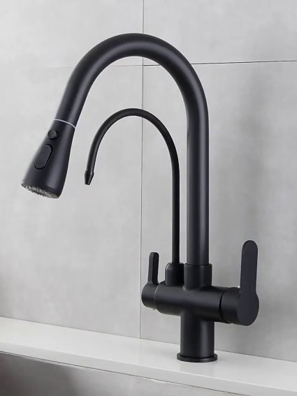 Fyeer Black 3 Way Kitchen Filter Faucet with Pull Out Sprayer