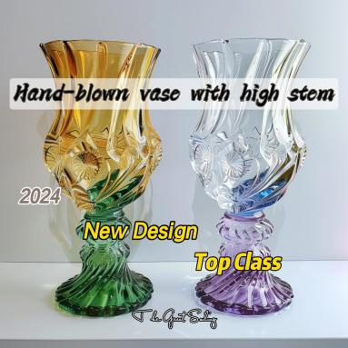 Hand blown glass vase with high stem