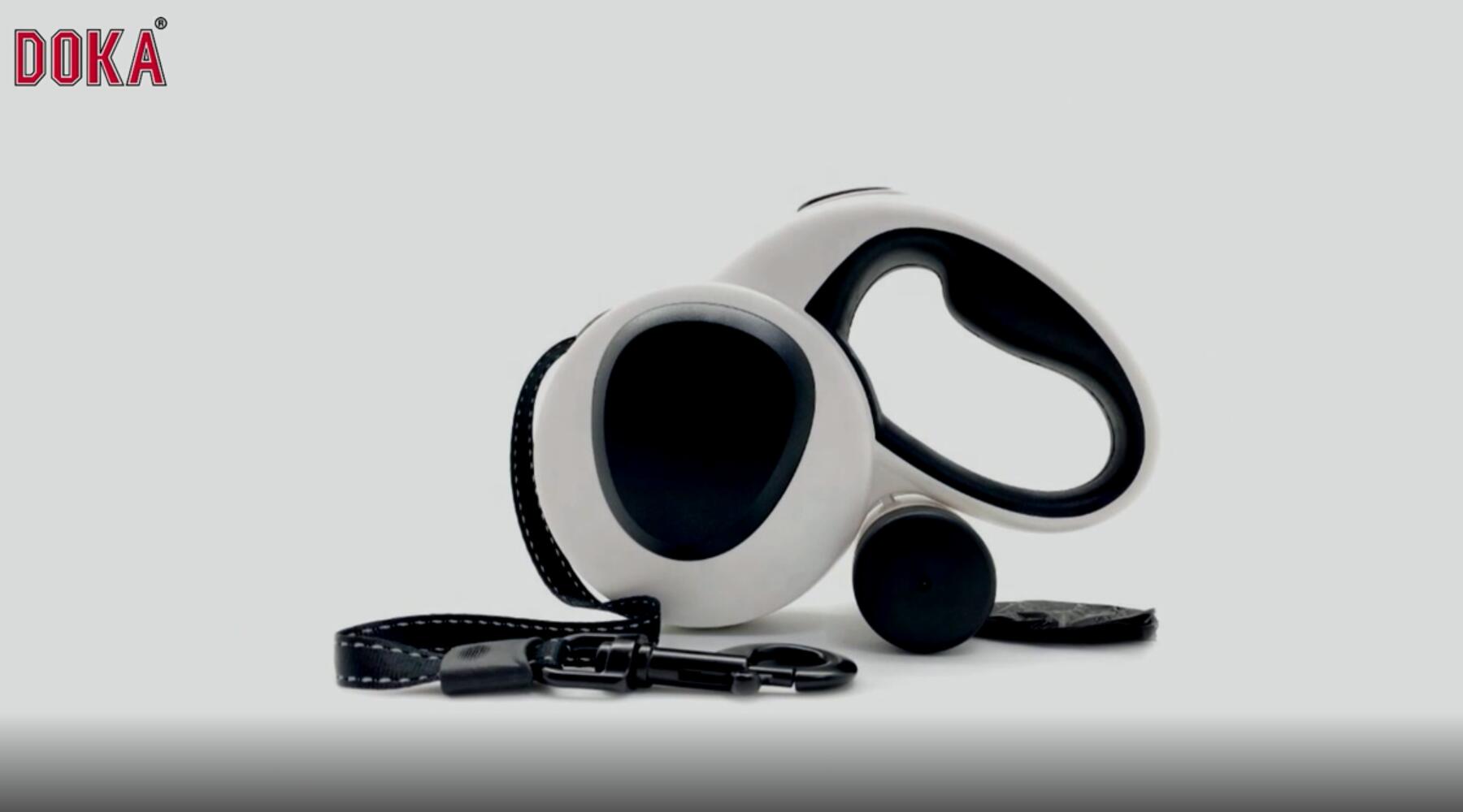 Retractable dog leash with flashlight and dispenser poop bag
