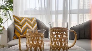 Chic Clear Glass Mug With Fashionable&Protects Hands  Hand-woven Natural